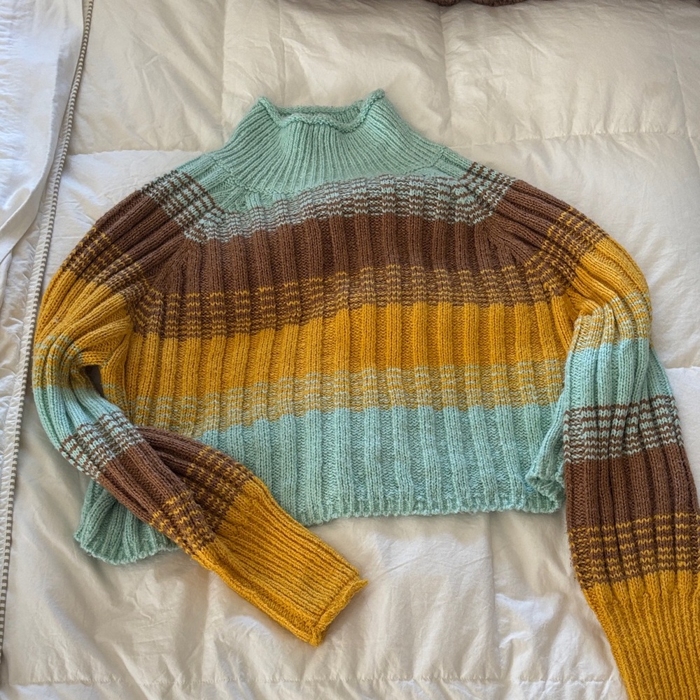 Urban Outfitters Striped Ribbed Turtleneck Sweater — Mint, Mustard & Brown